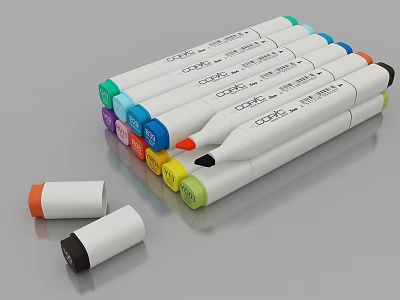 Colorful Marker Pens With White Body And Removable Caps Neatly Arranged On Gray Surface 3d model