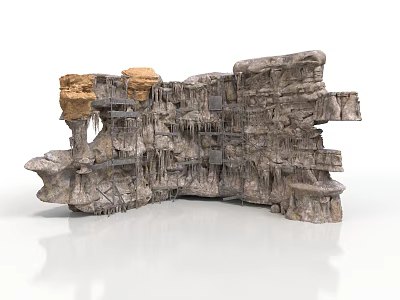 Layered Textured Rock Formation With Yellow Gray Hanging Structures And Platforms 3d model