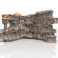 Layered Textured Rock Formation With Yellow Gray Hanging Structures And Platforms