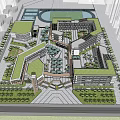 Modern school buildings with green roofs central courtyard sports field and landscaped areas