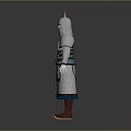 Man Wearing Traditional Metallic Armor With Decorative Chest Badge And Red Boots