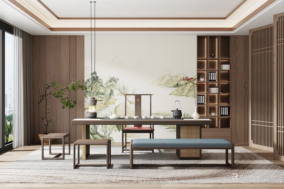 Traditional Chinese Tea Room Interior With Landscape Mural Wooden Bookshelves Tea Table And Bench 3d model 