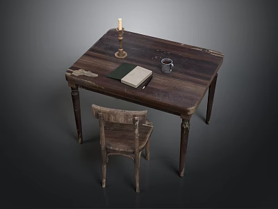 Rustic Wooden Table With Vintage Chair Candle Book Cup And Scissors 3d model