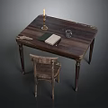 Rustic Wooden Table With Vintage Chair Candle Book Cup And Scissors