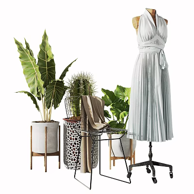 Elegant Mannequin In White Pleated Dress With Green Plants And Decorative Pots 3d model