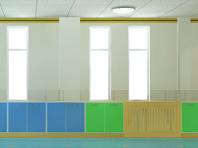 Elevator Hallway Featuring White Ceiling Yellow Lines White Walls Windows Blue Green Cabinets Yellow Floor 3d model