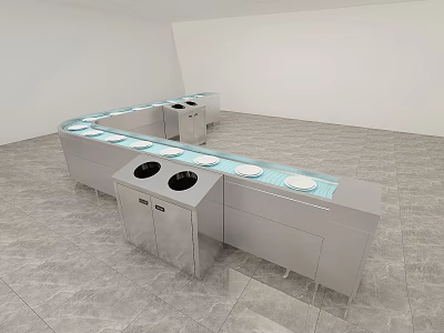 Curved Display Shelves Featuring Metal Body Blue Countertop White Plates And Trash Bins 3d model