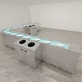 Curved Display Shelves Featuring Metal Body Blue Countertop White Plates And Trash Bins