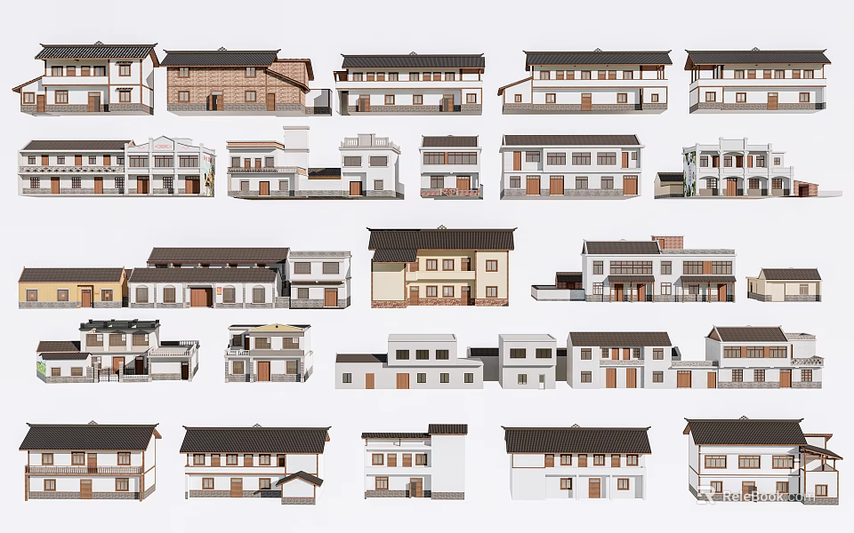 Traditional Houses in Diverse Architectural Styles With Classic Roofs and Exteriors 3d model 