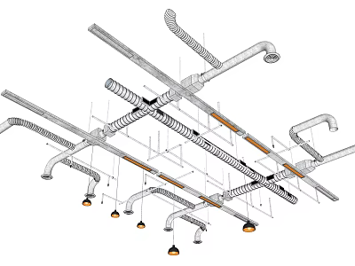 Ceiling Mounted Pipes With Crossed Layout And Support Structure Installation 3d model