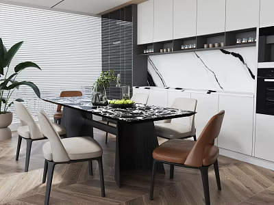 Modern Dining Table Set With Marble Top And Mixed Color Chairs In Kitchen 3d model