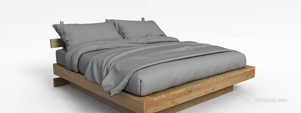 Minimalist Double Bed With Wooden Frame And Soft Gray Bedding 3d model 