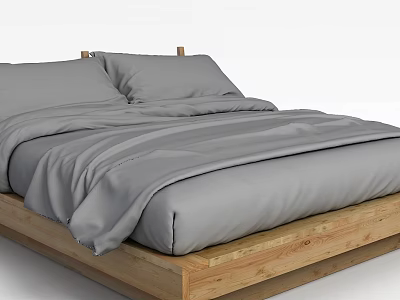 Minimalist Double Bed With Wooden Frame And Soft Gray Bedding 3d model