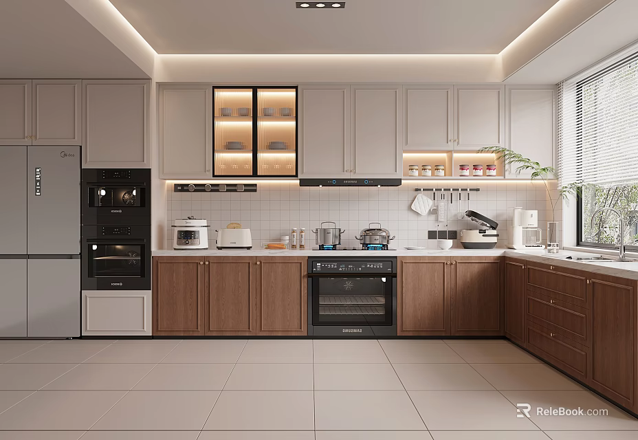 Modern Kitchen Interior Design With Wooden Gray Cabinets Stainless Steel Appliances And Recessed Lighting 3d model 