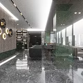 Elegant Modern Hotel Lobby Interior With Wooden Flooring Green Marble Wall And Leather Chairs