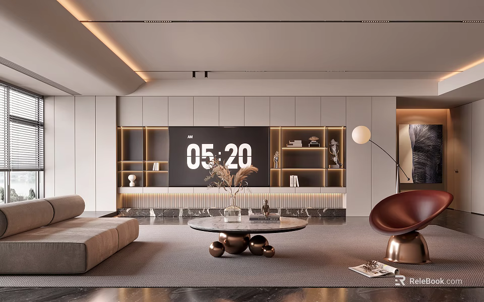 Modern Living Room Interior With TV Wall Sofa Coffee Table Floor Lamp And Clock 3d model 