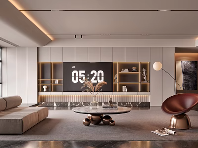 Modern Living Room Interior With TV Wall Sofa Coffee Table Floor Lamp And Clock 3d model
