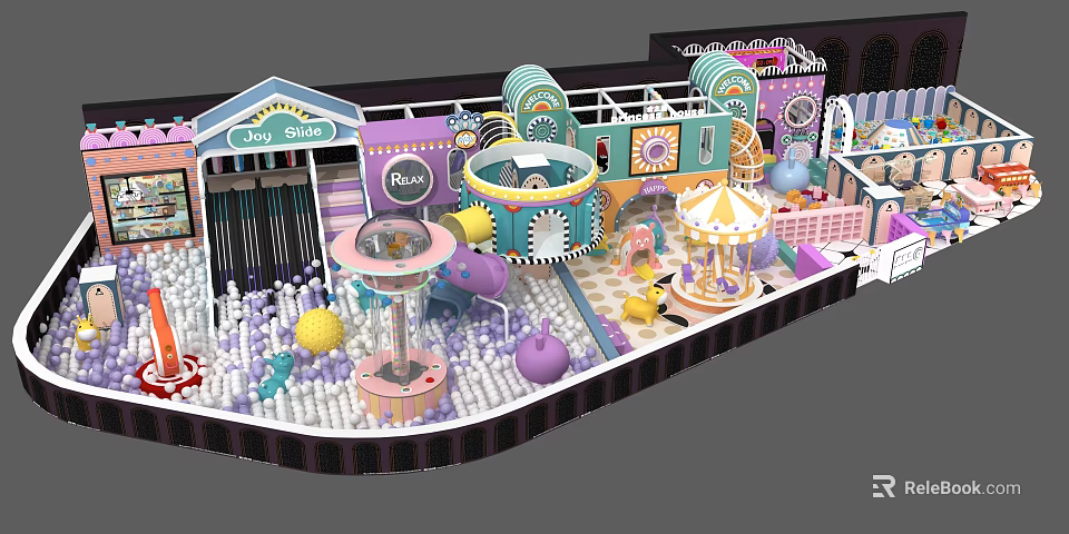 Kids Indoor Playground with Colorful Ball Pit Carousel Purple Pink Blue Toys and Structures 3d model 