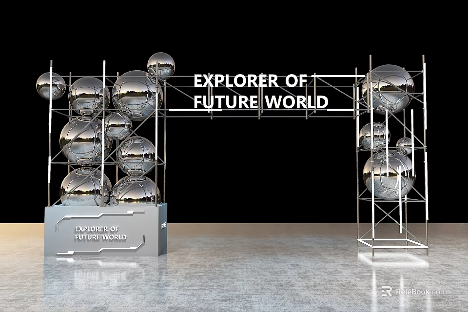 Explorer of Future World Event Gateway with Silver Spherical Decorations and Metal Frame Structure 3d model 