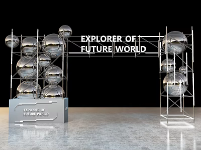 Explorer of Future World Event Gateway with Silver Spherical Decorations and Metal Frame Structure 3d model