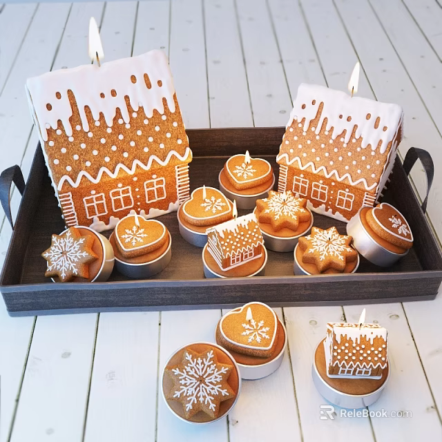 Decorated Gingerbread Houses And Cookies On Wooden Tray With Icing And Snowflake Designs 3d model 