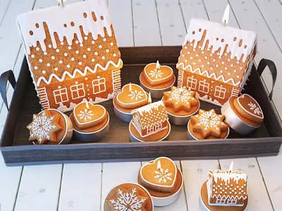Decorated Gingerbread Houses And Cookies On Wooden Tray With Icing And Snowflake Designs 3d model