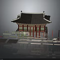 Traditional Korean Architecture With Red Pillars Black Roof Curved Eaves And Wooden Components