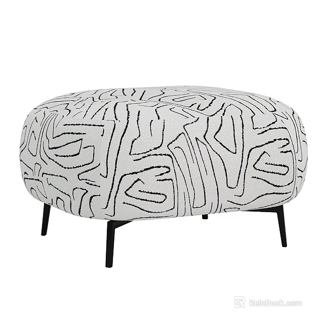 Stylish Round Stool With Black And White Abstract Pattern And Thin Black Legs 3d model