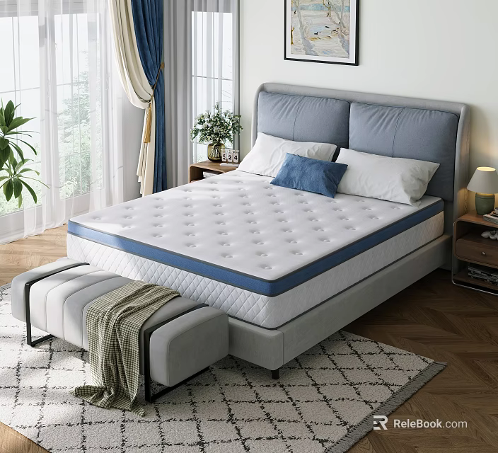 White Mattress With Blue Trim Quilted Surface On Grey Headboard Bed Frame 3d model 