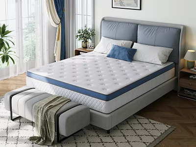 White Mattress With Blue Trim Quilted Surface On Grey Headboard Bed Frame 3d model
