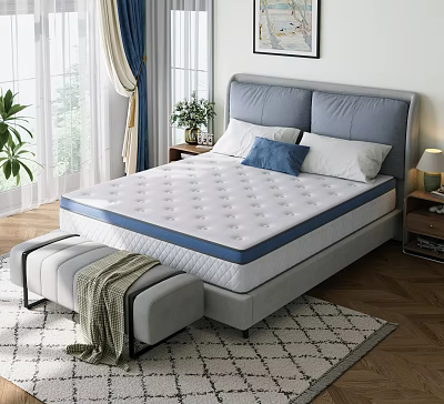 White Mattress With Blue Trim Quilted Surface On Grey Headboard Bed Frame 3d model