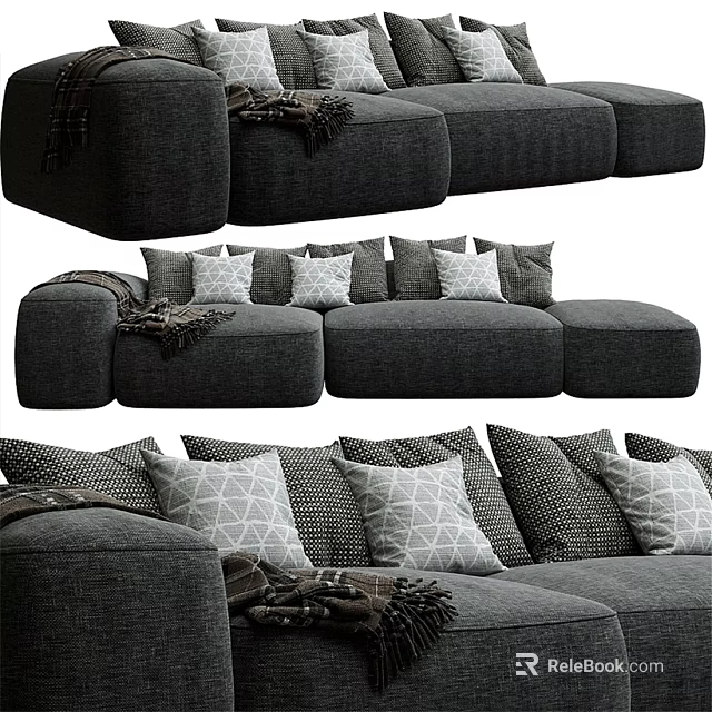 Cozy Gray Sectional Sofa with Multiple Decorative Pillows and Throw Blanket 3d model