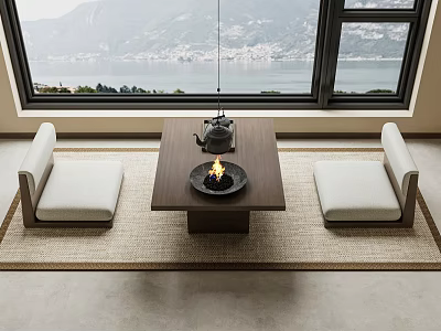 Wooden Tea Table and Chairs With Teapot Fire Pit Near Large Windows Mountain Lake View 3d model