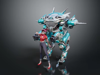 High Tech Turquoise Intelligent Mech Robot With Woman Operating Mechanical Arms And Armor Design 3d model