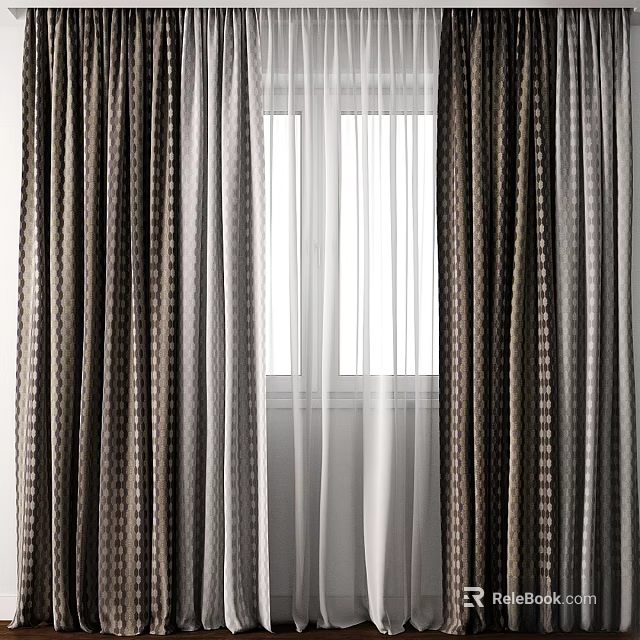 Modern Window Curtains With Brown Gray Striped Patterns And Sheer Layers 3d model 