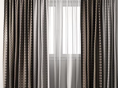 Modern Window Curtains With Brown Gray Striped Patterns And Sheer Layers 3d model