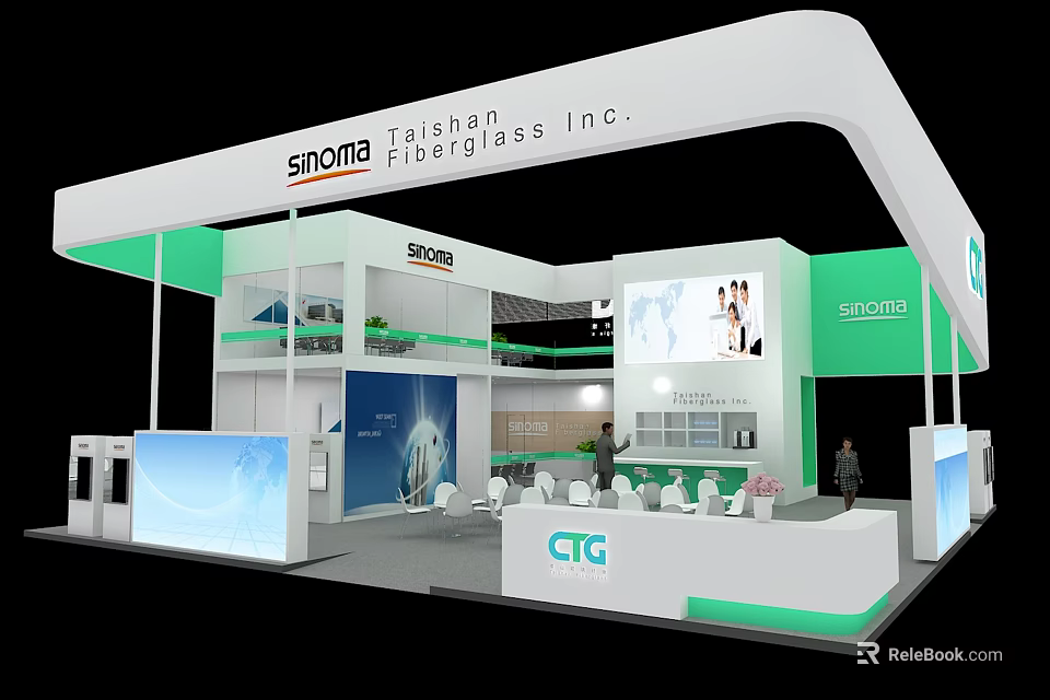 Modern Corporate Exhibition Booth With White Green Design Digital Screens And Seating Area 3d model 