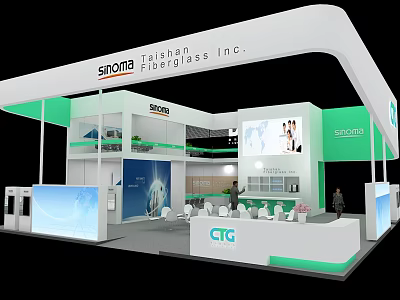 Modern Corporate Exhibition Booth With White Green Design Digital Screens And Seating Area 3d model