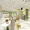 Modern Clothing Store With Gold Metal Racks Marble Floor Green Walls Mannequins And Plant Decorations