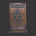 Vintage Wooden Door Furniture With Brass Knockers Riveted Design And Green Vines