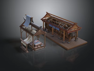 Traditional Ancient Wooden Textile Equipment With Scrolls Fabric And Frames 3d model