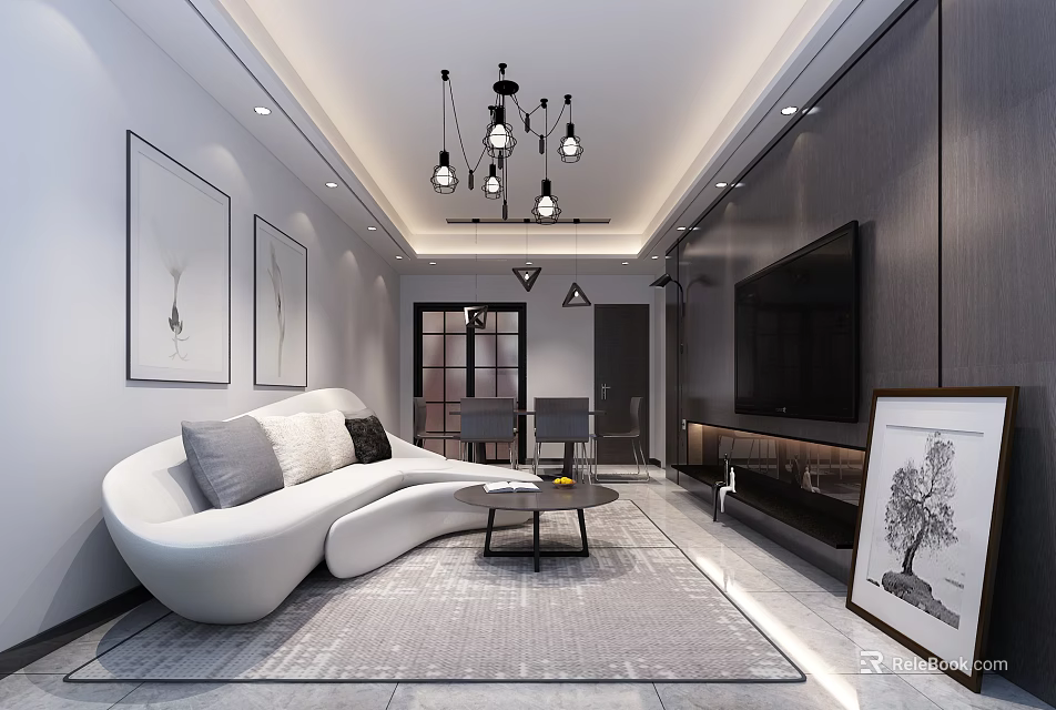 Modern Living Room Interior With White Curved Sofa Gray Cushions Black Coffee Table And Chandelier 3d model 