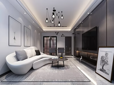 Modern Living Room Interior With White Curved Sofa Gray Cushions Black Coffee Table And Chandelier 3d model