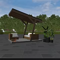 Outdoor Wooden Pergola with Sloped Roof Wicker Sofas Fire Pit Green Trees and Blue Sky
