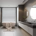 Modern Bathroom Interior With Freestanding Bathtub Large Window Blinds Glass Partition And Round Mirror Vanity
