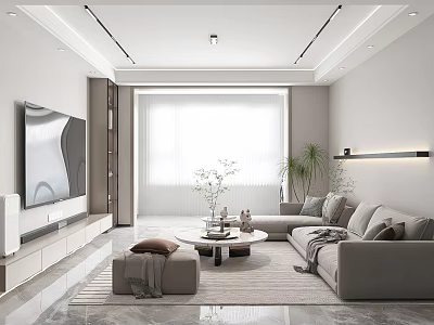 Modern Living Room Interior Design With Gray Sofa Coffee Table Large Window And Potted Plant 3d model