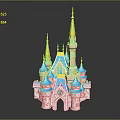Colorful Fairy Tale Castle with Blue Roofs Golden Spires and Pink White Exterior