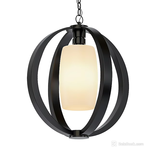 Modern Minimalist Chandelier With Black Metal Ring Frame And White Frosted Glass Shade 3d model 