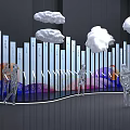 Modern Interior Display With Cloud Decorations Vertical Stripe Curved Wall Colorful Gradient And Human Silhouettes