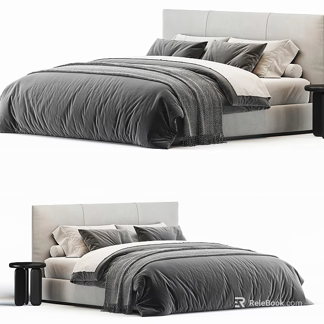 Modern Double Bed With Grey Bedding White Pillows Light Headboard And Nightstand 3d model